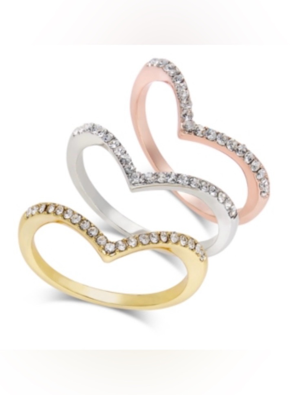 NWT I.n.c International Concepts Tri-Tone 3-Pc Crystal Chevron Rings Tri-Tone